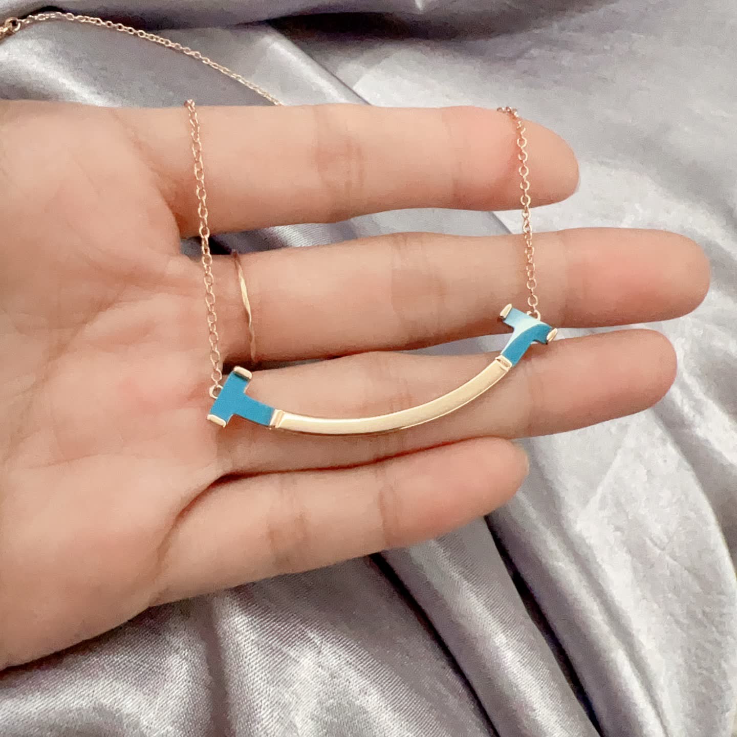 Tiffany & Co Blue Enamel Smile Bar Necklace